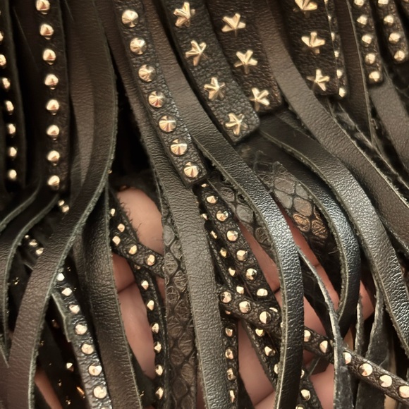 Saint Laurent Emmanuelle Small Black Leather Star Studded Fringe Bucket Bag